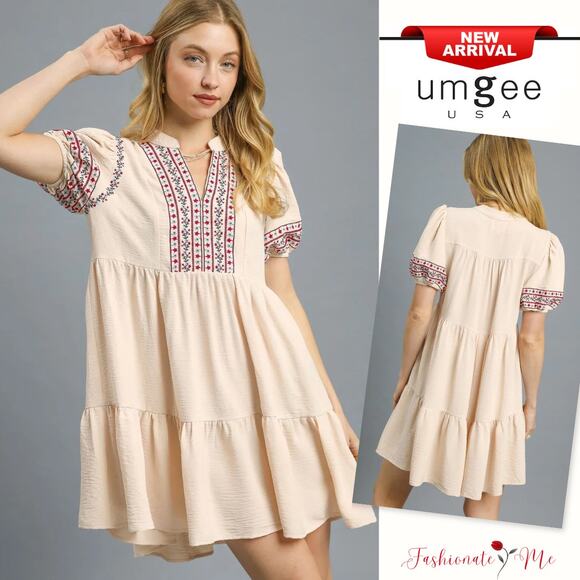 Umgee Boho Floral Trim Details Short Puff Sleeves Relaxed Fit Mini Dress | Tan - Picture 1 of 4